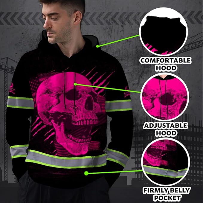 Matedecor Skull US Flag Reflective High Visibility Hoodie For Men Construction Hi Vis Safety Workwear Custom Name