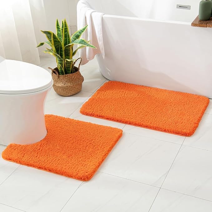 MIULEE Orange Microfiber Toilet Bath Mat U-Shaped Contour Shaggy Bathroom Rugs Non Slip Extra Thick Soft Bath Rug Absorbent Water for Bathroom Commode Machine Washable(24x24 Inch)