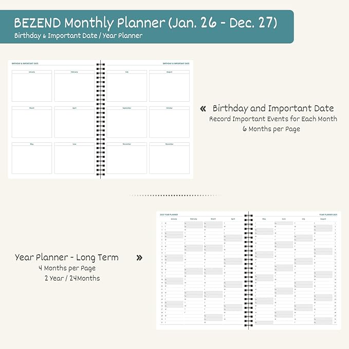BEZEND Monthly Planner 2026-2027 (Spiral-8.5" x 11") 2 Year Calendar Book with Note Pages - Jan 26 to Dec 27-120 GSM Paper, Inner Pockets, Laminated Tabs, Vegan Leather Softcover - Black