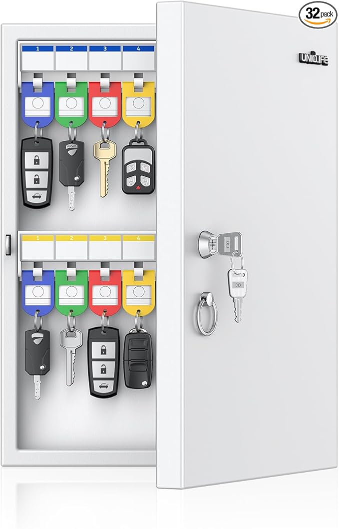 Uniclife 32 Position White Key Lock Box, Wall Mount Key Box, Car Key Organizer with Writable Key Racks and Tags, Security Key Cabinet, Car Key Holder Storage Box for Office Hotel & Company