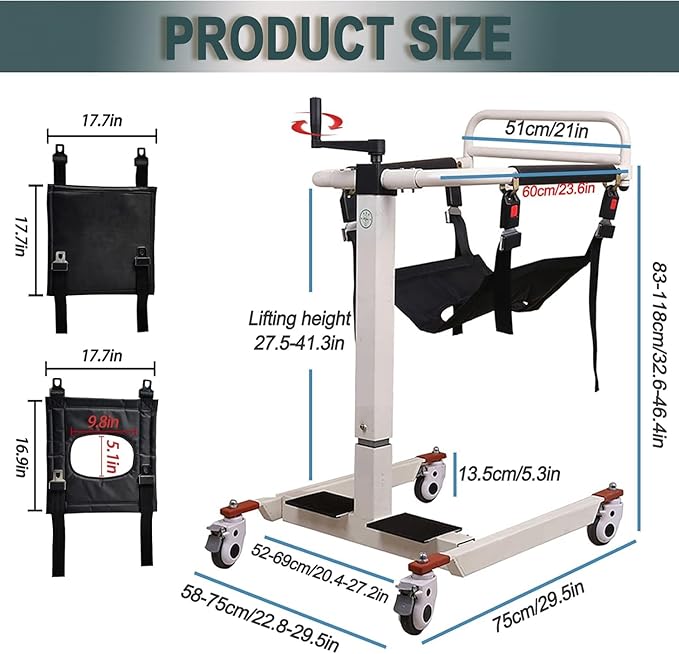 Patient Lift Transfer Chair, Patient Lift Wheelchair for Home, Wheelchair Lift for Home Portable Car Transfer Lift Chair for Disabled and Elderly Nursing, Height/Width Adjust (Basic Backrest Bedpan)