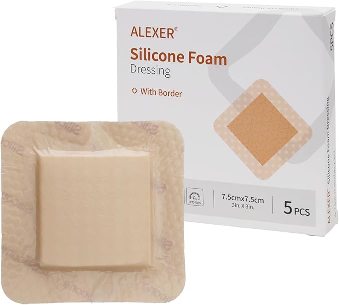 Jointown Foam Wound Care Dressing, Adhesive Silicone Foam Dressing with Border, Waterproof Bed Sore Bandages, 3"x3", 5 PCS
