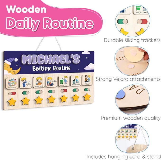 Wooden Chore Chart for Boys, Daily Routine Chart for Kids, Visual Schedule, Chore Reward Chart, Bedtime Morning Routine Chart for Toddlers (06)