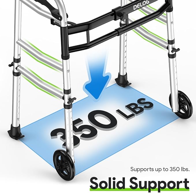 Delog Folding Walker for Senior - Platform Walker with 5’’ Wheels and Removable Padded Armrests 350lbs, Lightweight Walking Mobility Aid, Standard Walker for Elderly (Black)