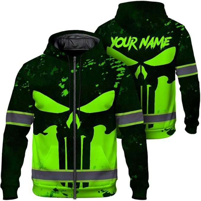 Maddly Hi Vis Reflective Zip Up Hoodie, High Visibility Safety Jacket with Skull Design for runner, worker, trucker, cyclist