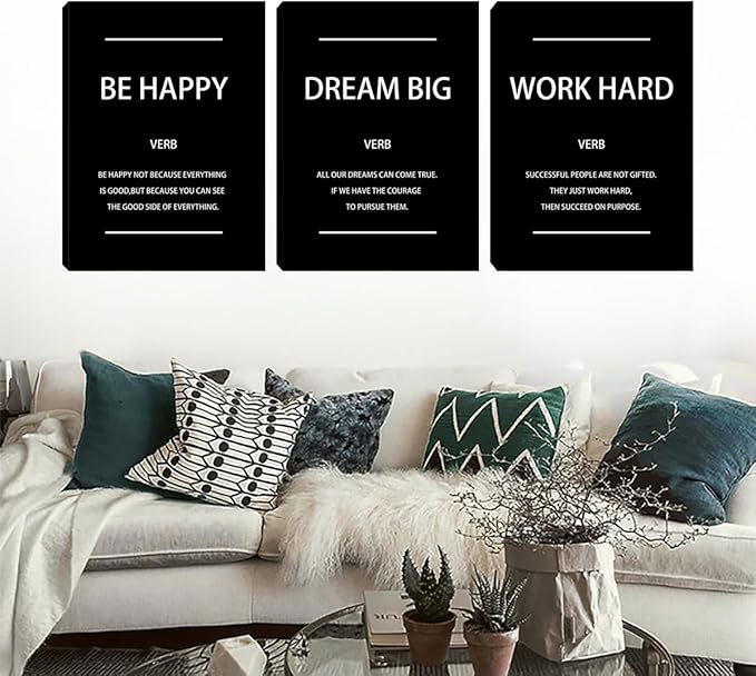 Unbruvo Motivational Office Wall Art, 3 Pieces Inspirational Canvas Wall Art, Dream Big Be Happy Work Hard Prints Poster Wall Decor for Living Room BedRoom Dorm(48" Wx24 H)