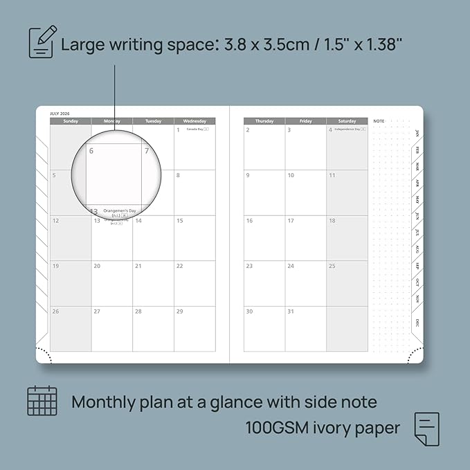 POPRUN 2026 Weekly & Monthly Planner Calendar, 6.75" x 8.75" Medium, Horizontal Layout with Lined Sections, Jan. 2026 - Dec. 2026, Leather Hardcover, 100GSM Paper, Inner Pocket - Pacific Green