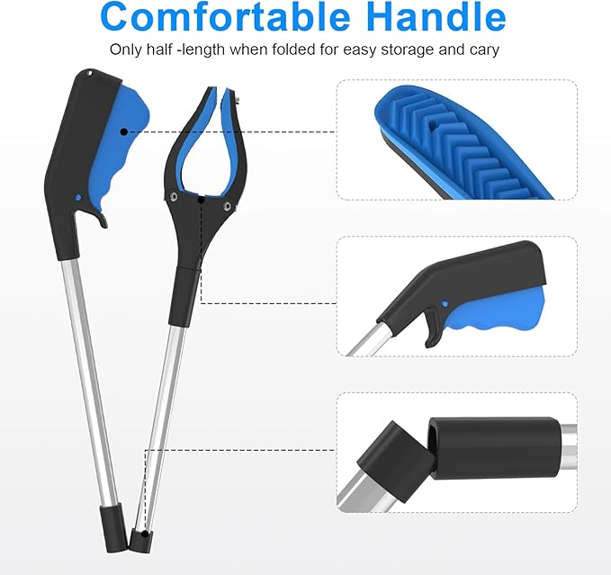 32" Reacher Grabber Pickup Tool, Foldable Seniors Handicap Daily and Trash Picker Upper Grabbers Daily Living Tools (Blue)
