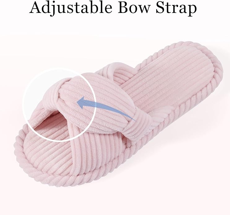 Evshine Fall House Slippers for Women Corduroy Cross Bow Indoor Slippers Open Toe Slip On Bedroom Shoes with Memory Foam