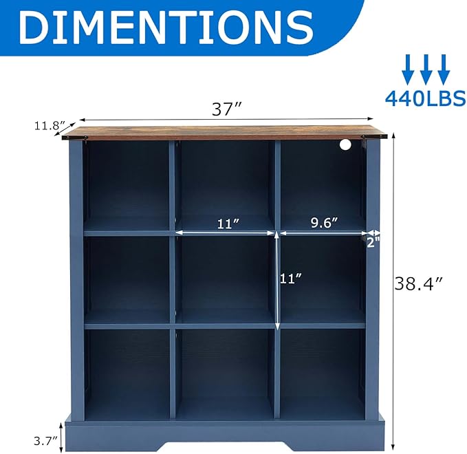 9 Cube Bookcase, Wooden Cube Storage Organizer Shelf, Blue Horizontal Book Shelf with LED Lights, Freestanding Display Cabinet for Living Room, Hallway TV Stand for Entryway