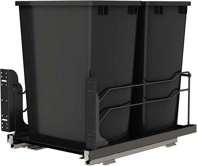 Rev-A-Shelf Double Pullout Trash Can for Under Kitchen Cabinets 35 Qt. 8.75 Gallon w/Soft-Close Slides for 18” Base Cabinets Black, 53WC-1835SCDM-218