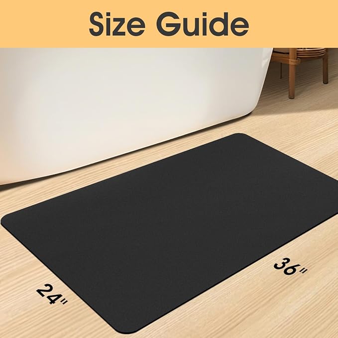 Ultra Thin Bath Mat, Upgrade Backing Non Slip Thin Bath Mats Fit Under Door, Quick Dry Ultra Absorbent Bathroom Rugs, Machine Washable Bath Rugs for Bathroom, Bathtub & Kitchen, Black/Solid/36"x24"