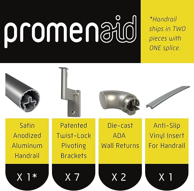 Promenaid 16ft ADA Handrail Kit - Champagne - Complete Indoor/Outdoor Handrail for Stairs - 1.6" Round Anodized Aluminum Railing with 7 Nickel Plated Pivoting Brackets & ADA Wall Returns
