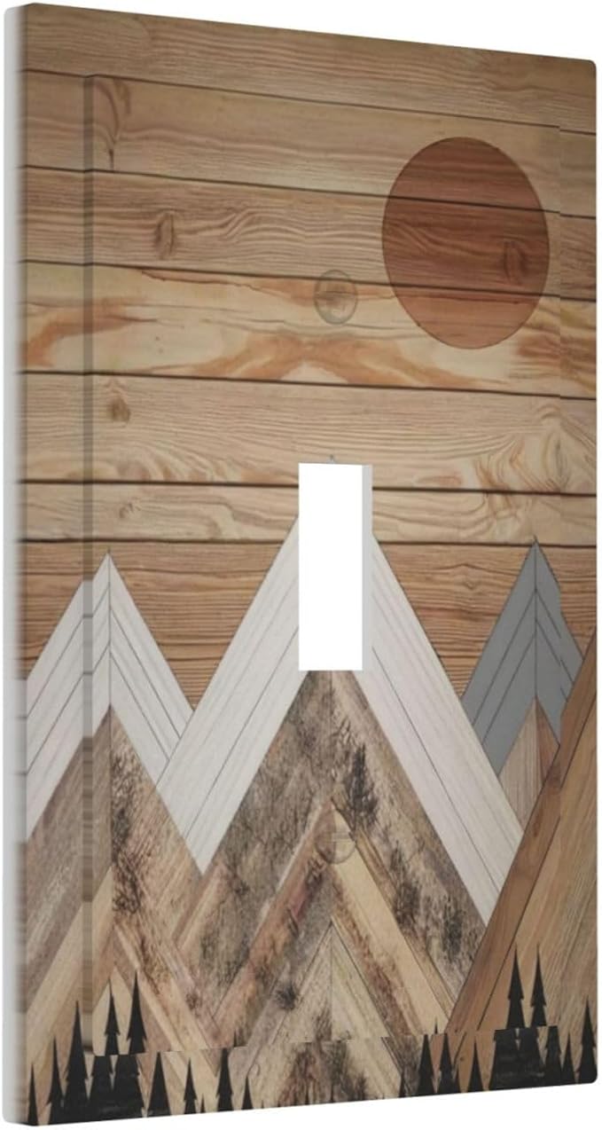 Wooden Planks Mosaic Snow Mountain Sun Decorative Light Switch Cover 1 Gang Single Toggle Device Electrical Faceplate Switchplates Decorator Outlet Wall Plate for Farmhouse Home Decor