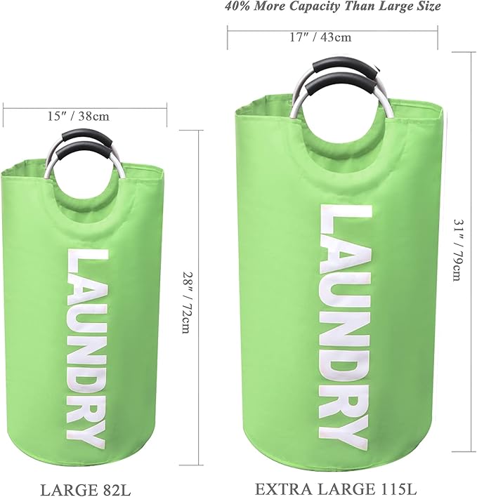 Laundry Basket Large Collapsible，Clothes Hamper Bag with Handles – Tall Foldable Dirty Laundry Bag，Freestanding Laundry Sorter for Laundry, College Dorm，Apartment – 95L Green