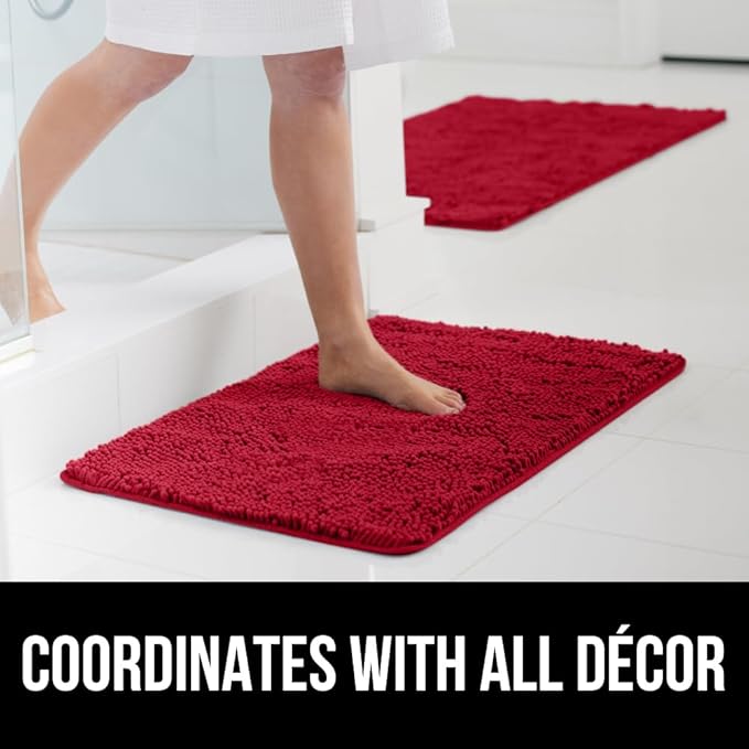 GORILLA GRIP Bath Rug Mat 30x20, Thick Soft Absorbent Chenille, Quick Dry Microfiber Mats, Rubber Backing Washable Shower Floor Rugs, US Designed Bathroom Bathmat Home Decor Accessories, Red