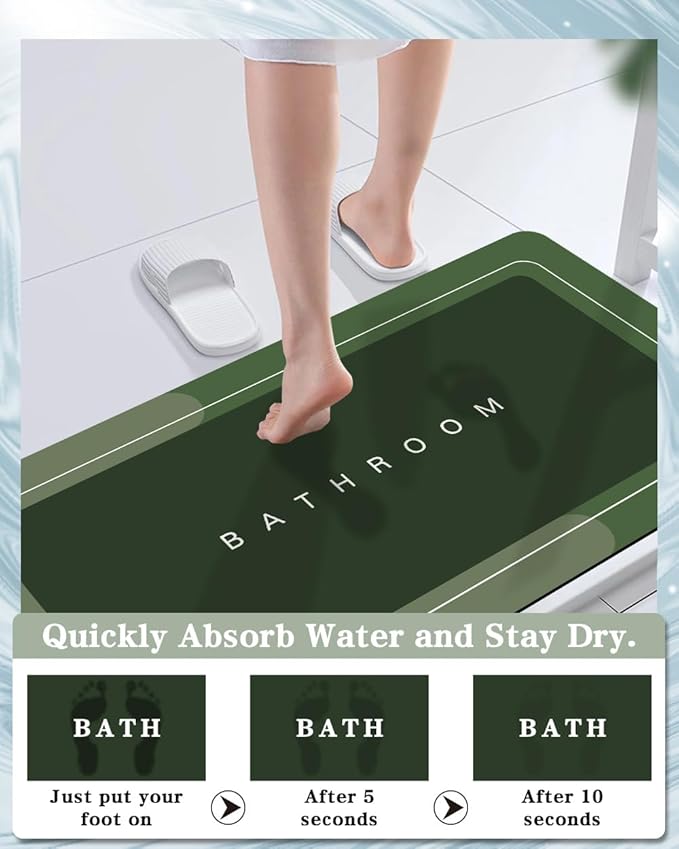 Bath Mat, Bathroom Mat Rugs Super Absorbent Shower Mats Non Slip Quick Dry Thin Rubber Mats for Bathroom Floor Fit Under Door, Shower Rug for Bathtub, Shower, Green