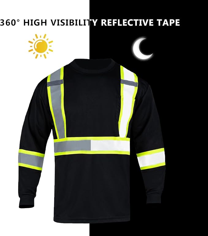 FONIRRA Hi Vis Shirts for Men Reflective ANSI Class 2 Safety Long Sleeve High Visibility Work Construction T Shirts Black
