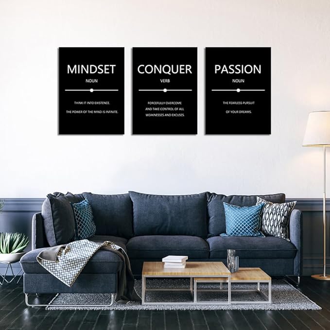Unbruvo Motivational Wall Decor for Office, 3 Pieces Inspirational Canvas Wall Art, Mindset Passion Conquer Canvas Poster, Positive Quotes for Entrepreneur Meeting Room Lobby Bedroom(60''Wx 28''H)