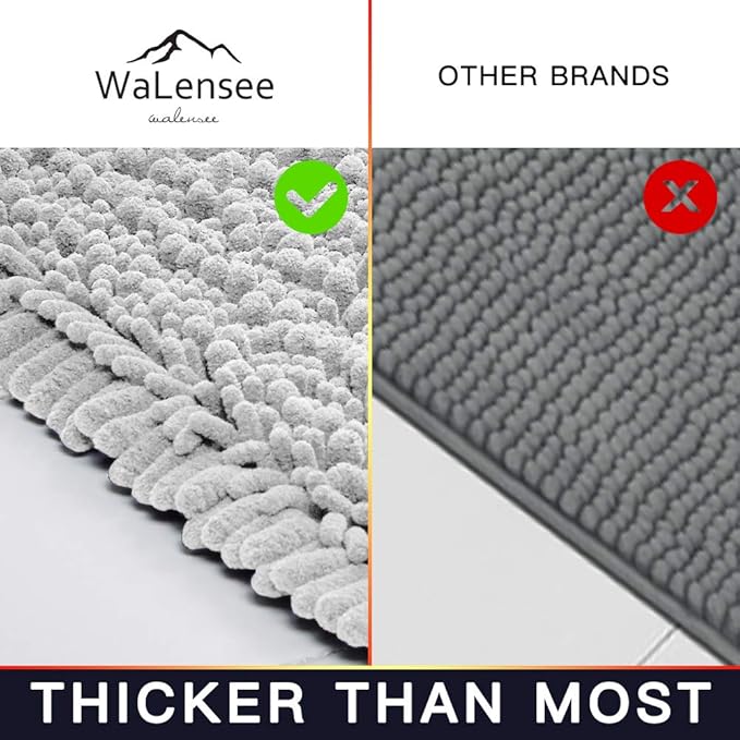 Walensee Bathroom Rug Non Slip Bath Mat (44x24 Inch Light Grey) Water Absorbent Super Soft Shaggy Chenille Machine Washable Dry Extra Thick Perfect Absorbant Best Large Plush Carpet for Shower Floor