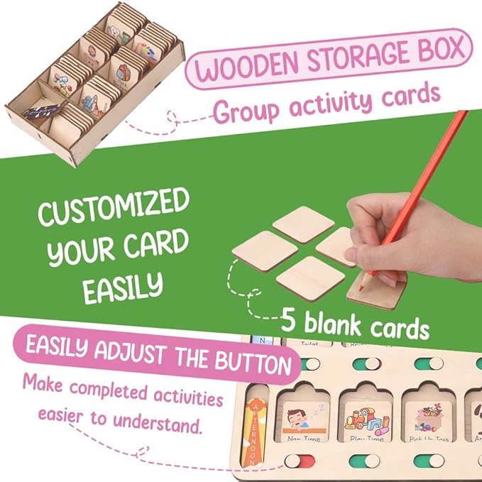 Wooden Chore Chart for Kids Visual Schedule, Routine Chart for Kids, Morning Bedtime Routine Chart for Toddlers Ages 2-4, Daily Kids Schedule Board for Home (05)