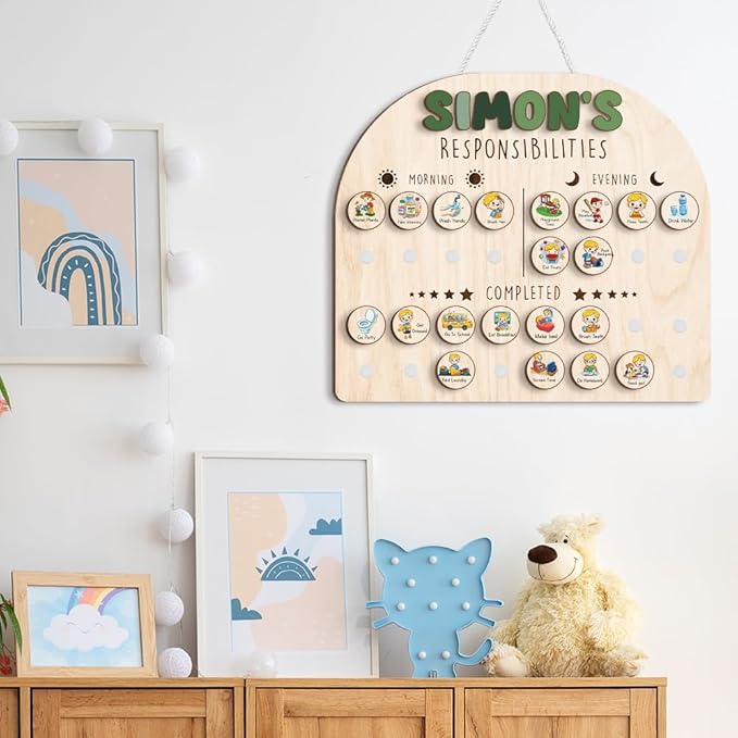 Wooden Chore Chart for Kids Visual Schedule, Routine Chart for Kids, Morning Bedtime Routine Chart for Toddlers Ages 2-4, Daily Kids Schedule Board for Home (09)