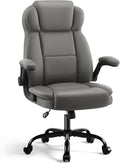 Ergonomic Office Chair with High Back Headrest, PU Leather Executive Desk Chair - Padded Flip-Up Armrests, Lumbar Support, Swivel Computer Chair for Home Office & Gaming, Gray