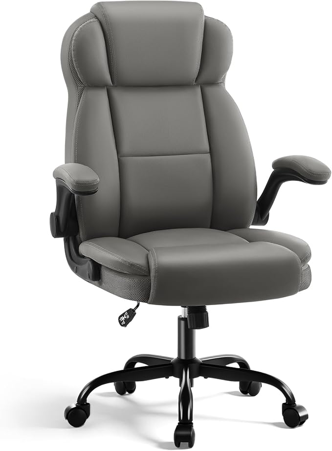 Ergonomic Office Chair with High Back Headrest, PU Leather Executive Desk Chair - Padded Flip-Up Armrests, Lumbar Support, Swivel Computer Chair for Home Office & Gaming, Gray