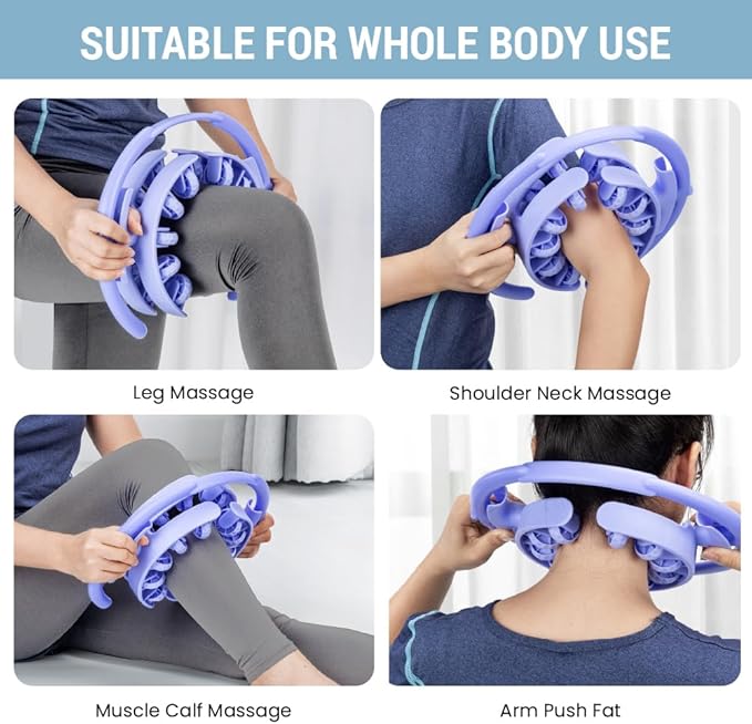 Adjustable Massage Roller, 360° Wraparound Manual Body Roller, 20 Textured Nodes, Detachable, for Thighs, Calves, Legs & Arms, Blue