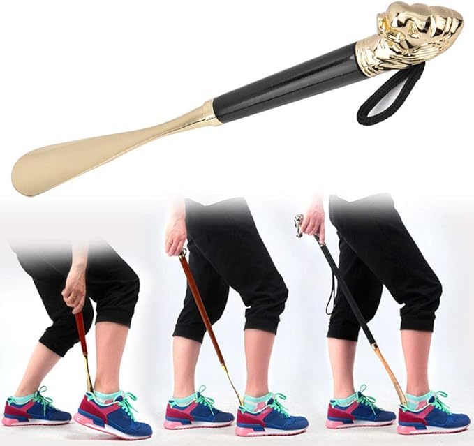 Shoe Horn, Long Handled Metal Lion Head Shoe Lifter with Non-Slip Handle, Beech Wood and Brass, 49cm for Men and Women