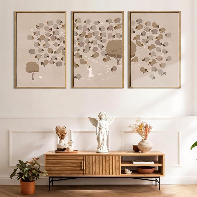 IARTTOP Large Jesus Christian Framed Wall Art 16x24 Inch Beige God Bible Religious Canvas Wall Decor Set of 3 Modern Abstract Jesus Leaves the 99 Sheep Prints for Living Room Dining room