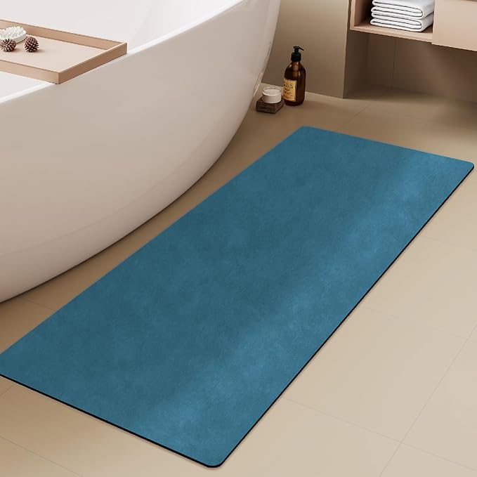 Bathroom Mat Quick Dry, Bathroom Rugs Non Slip Washable Thin Absorbent Bath Mat Fits Under Door Bathroom Floor Mat Perfect for Bath, Shower, or Sink 24"x70" Denim Blue