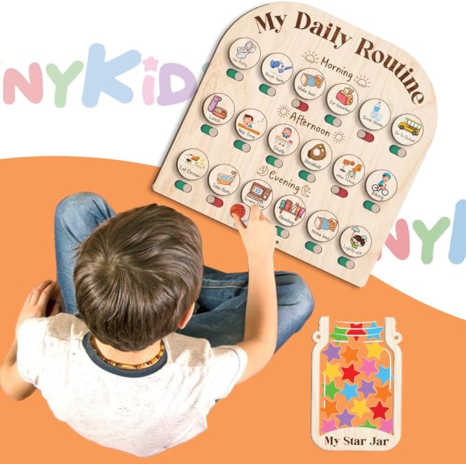 Wooden Daily Routine Chart with 30 Tokens Reward Jar, Toddler Reward System, Morning Bedtime Routine Chart, Toddler Charts for Behavior and Routines, Wooden Chore Chart for Kids