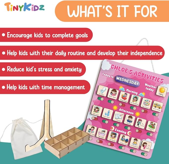 Wooden Chore Chart for Kids Visual Schedule, Routine Chart for Kids, Morning Bedtime Routine Chart for Toddlers Ages 2-4, Daily Kids Schedule Board for Home (15)