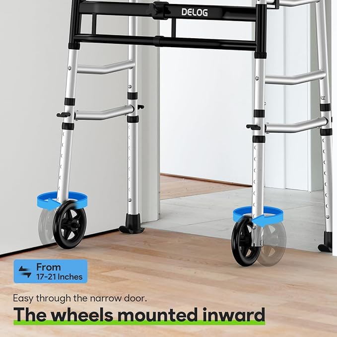 Delog Folding Walker for Senior - Platform Walker with 5’’ Wheels and Removable Padded Armrests 350lbs, Lightweight Walking Mobility Aid, Standard Walker for Elderly (Black)