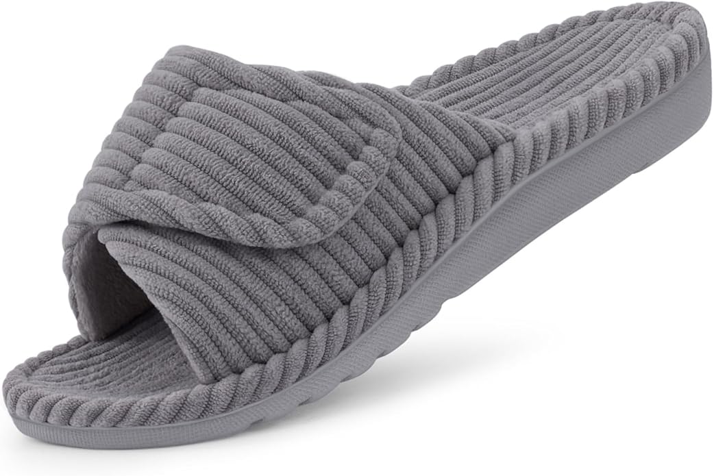 Litfun Orthopedic House Slippers for Women Adjustable Arch Support Indoor Slippers Open Toe Corduroy Bedroom Shoes