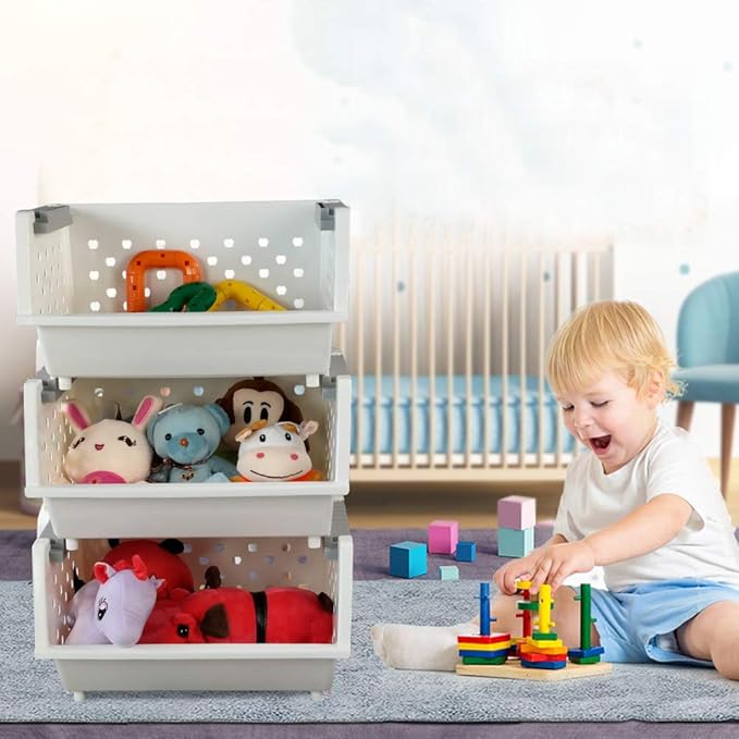 Fiaze 3-Pack White Plastic Kitchen Stackable Storage Baskets, Stackable Storage Bins Open Front for Pantry
