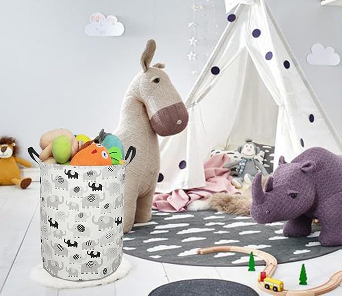 19.7" Round Canvas Large Clothes Basket Laundry Hamper with Handles,Waterproof Cotton Storage Organizer Perfect for Kids Boys Girls Toys Room, Bedroom, Nursery,Home,Gift Basket(elephant)