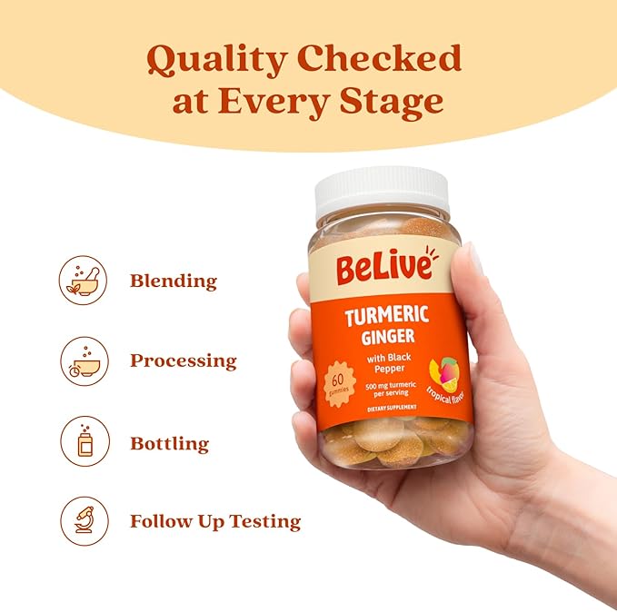 BeLive Turmeric Curcumin with Black Pepper & Ginger - 500 mg of Turmeric and Ginger Supplement for Immune Support, Healthy Skin, and Joint Health - Tropical Flavor | 60 Count