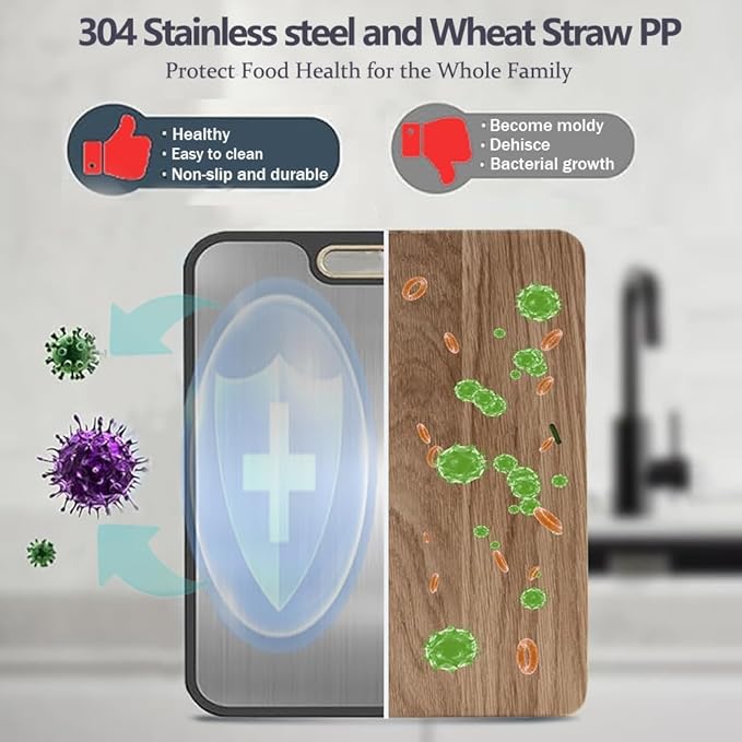 Stainless Steel Cutting Boards for Kitchen,Non Toxic Cutting Board Double sided, 2-in-1 Wheat Straw PP Kitchen Chopping Board for Meat and Fruit. Non-Slip,Easy to Clean,Dishwasher Safe (16x11 In)