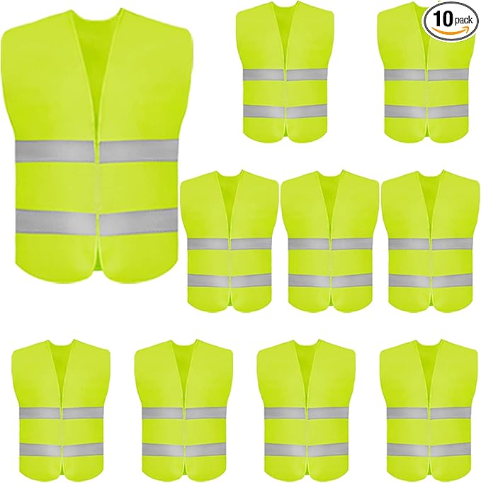 DUSKCOVE 10 Pack High Visibility Safety Vest for Traffic Work, Running, Surveyor and Security Guard - Construction Vest with 2 Reflective Strips, Made from Breathable and Neon Yellow Mesh Fabric