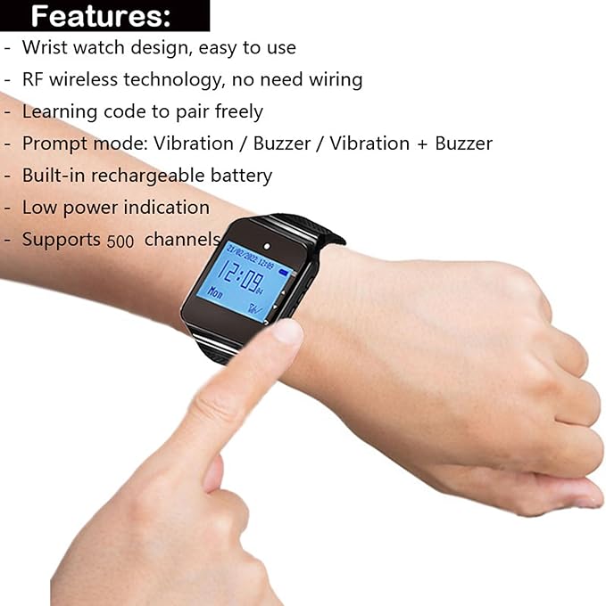 Wireless Caregiver Pager Call for Patient Nurse Alert System for Elderly Monitoring 328ft Water Proof Call Bell for Home 1 Receiver Wrist Pager 20 Desk Call Bells (Black)