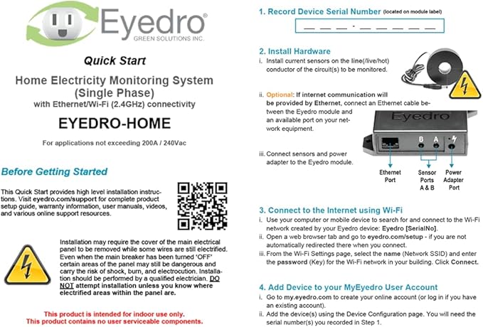 Eyedro Home Energy Monitor – Real-Time Electricity Usage Monitor with Solar Net Metering – Whole House Power Consumption Monitor – WiFi/Ethernet Smart Energy Meter with Reports & History, 2 Sensors