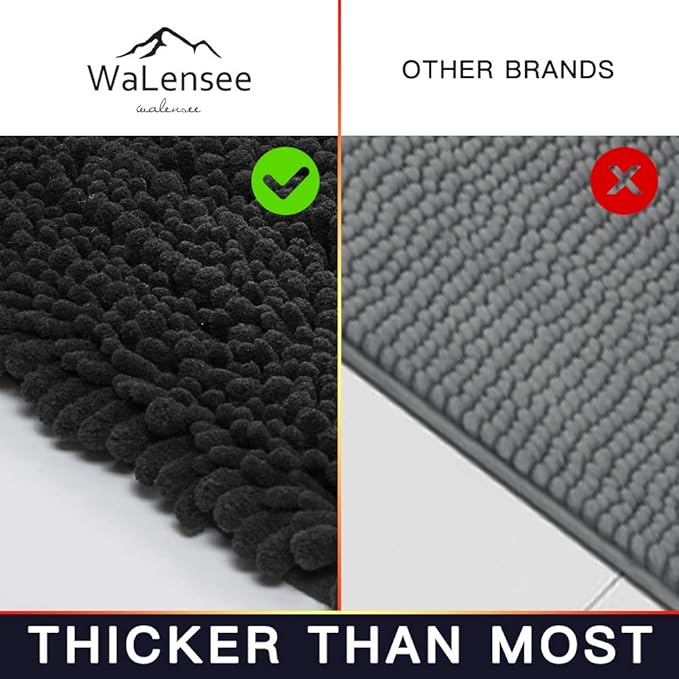 Walensee Bathroom Rug Non Slip Bath Mat (44x24 Inch Black) Water Absorbent Super Soft Shaggy Chenille Machine Washable Dry Extra Thick Perfect Absorbant Best Large Plush Carpet for Shower Floor