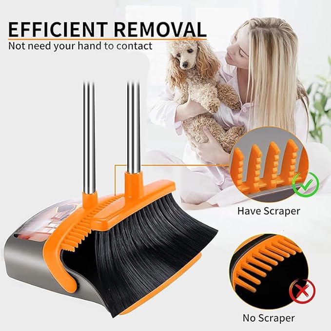 2-Pack is More economical，Upgraded Upright Broom and Dustpan Combo with 52" Long Handle, Dustpan Teeth with self-Cleaning Function, Indoor and Outdoor Sweeping, Perfect for Home Office.