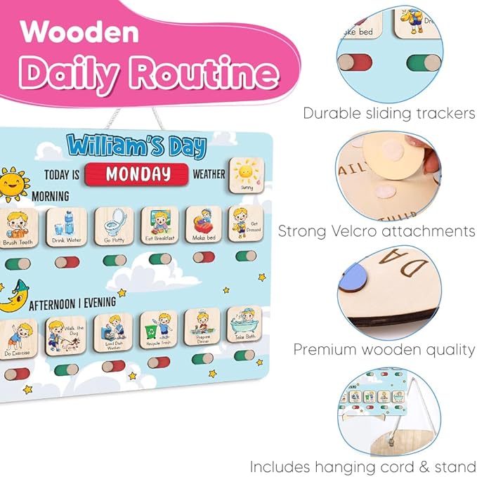 Wooden Chore Chart for Boys, Daily Routine Chart for Kids, Visual Schedule, Chore Reward Chart, Bedtime Morning Routine Chart for Toddlers (04)