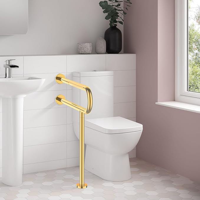 Toilet Grab Bar 31.3 Inch with Leg, YuanDe Wall Mounted Safety Bar, Brushed Gold Stainless Steel Anti-Slip Bathroom Support Rail for Elderly, Disabled, Handicap, Seniors, Injury Recovery