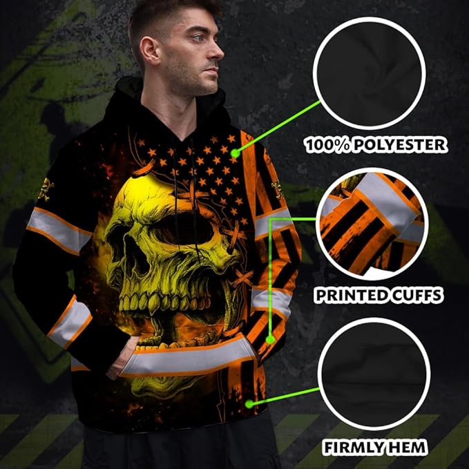 Matedecor Skull US Flag Reflective High Visibility Hoodie For Men Construction Hi Vis Safety Workwear Custom Name
