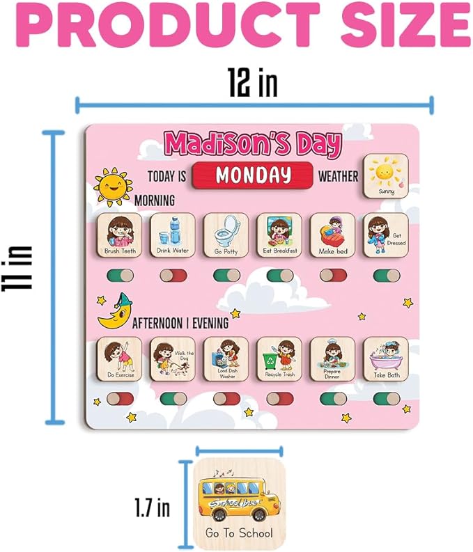 Personalized Wooden Chore Chart for Kids, Daily Routine Chart for Toddlers, Visual Schedule for Kids Age 3-5, Morning Bedtime Routine for Girls (03)