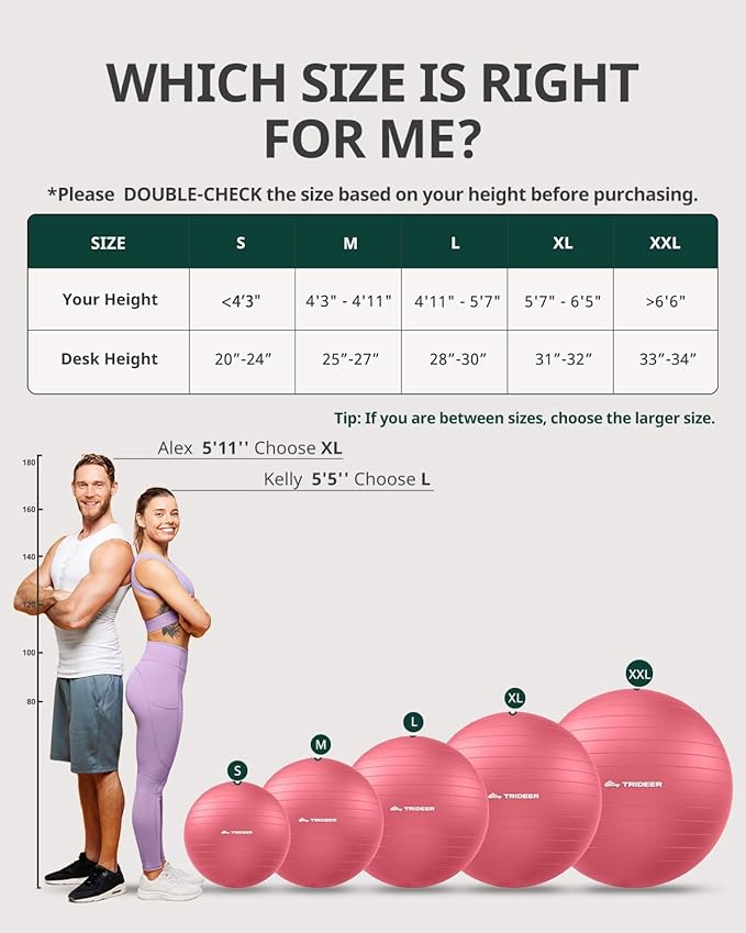 Trideer Exercise Ball for Yoga, Pilates & Fitness – Stability Ball Equipment for Home Gym & Office Chair, Core & Balance Training Accessories, Physical Therapy Equipment, Quick Pump Included, 5 Sizes